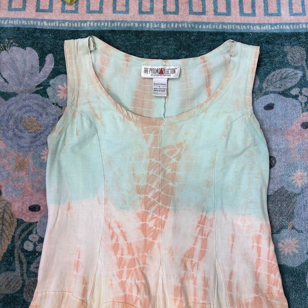 The Pyramid Collection Dress Vintage Small Peach Green Cotton Tie Dye Ombre Midi - Picture 8 of 16